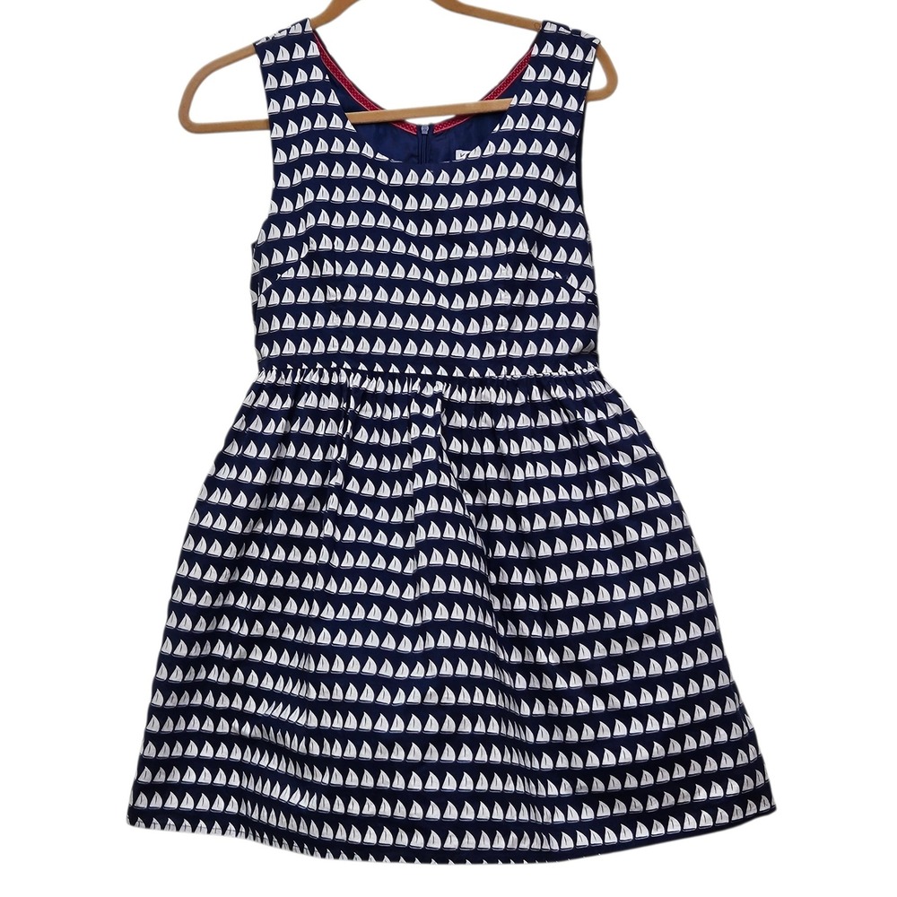 Kling Navy White Sailboat Fit Flare Dress Women's M Skater Twee Whimsical